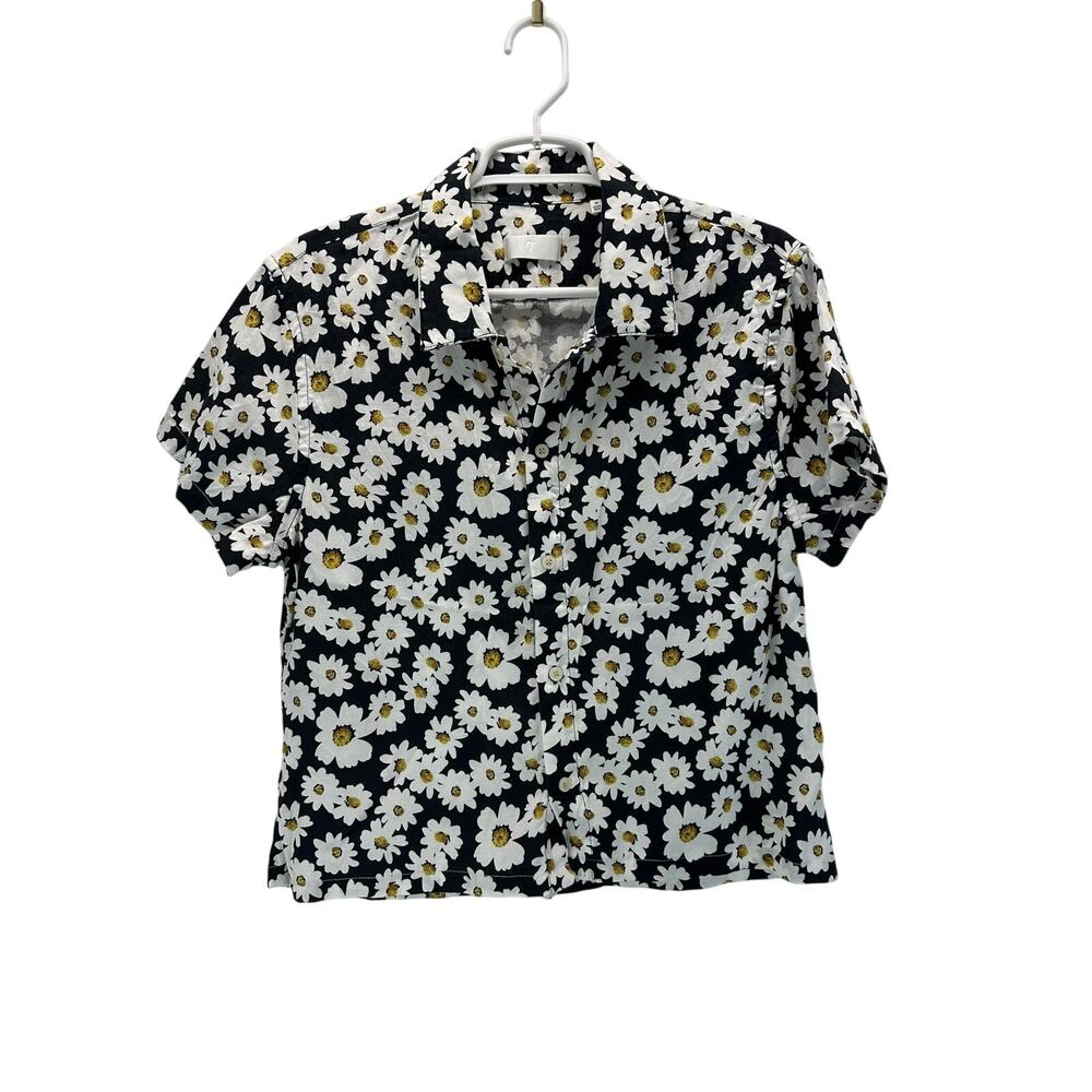 7 for All Mankind Daisy Printed Short Sleeve Button Down Shirt Blue White Med